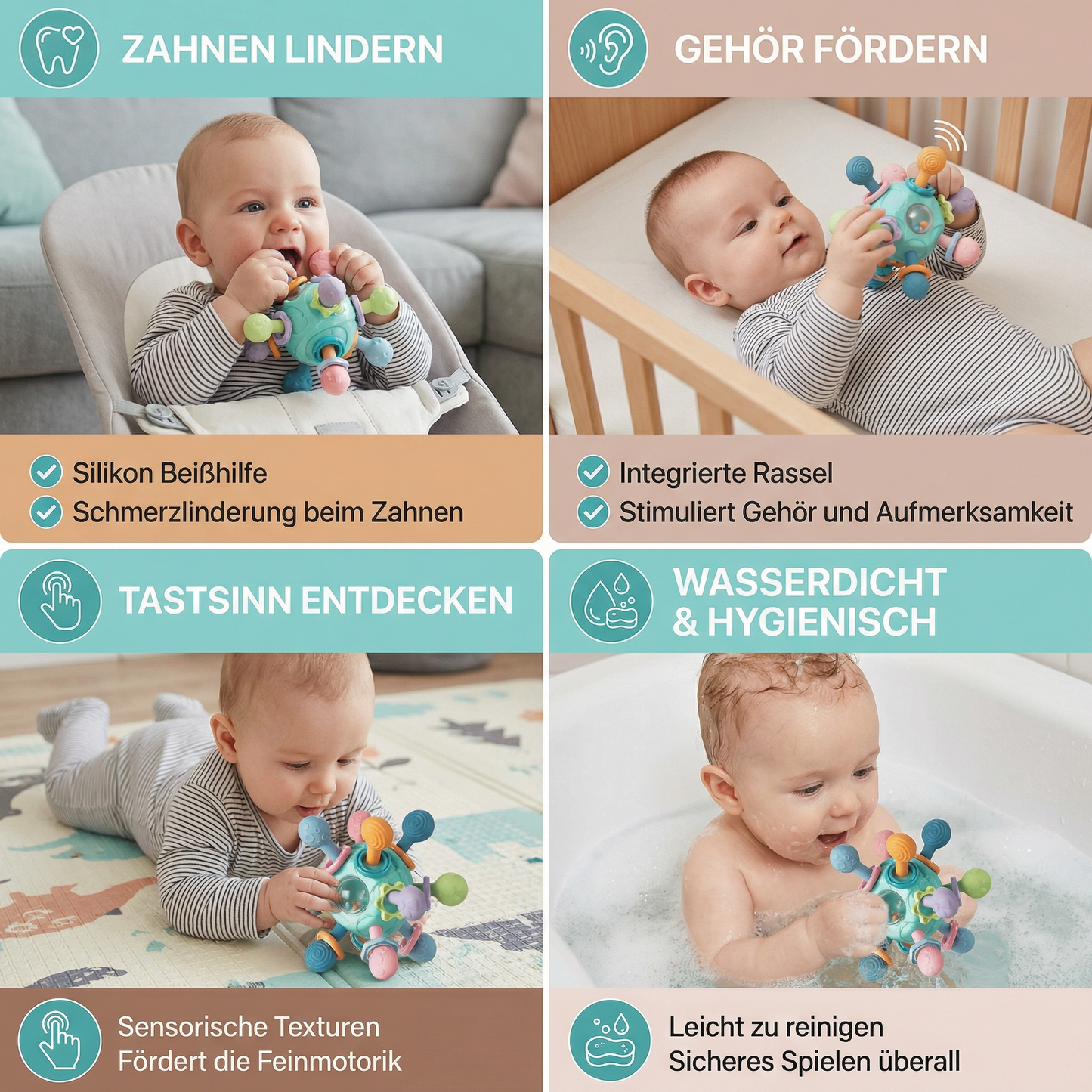 Sensorischer Baby-Greifball mit Silikon Beißhilfe und Rassel