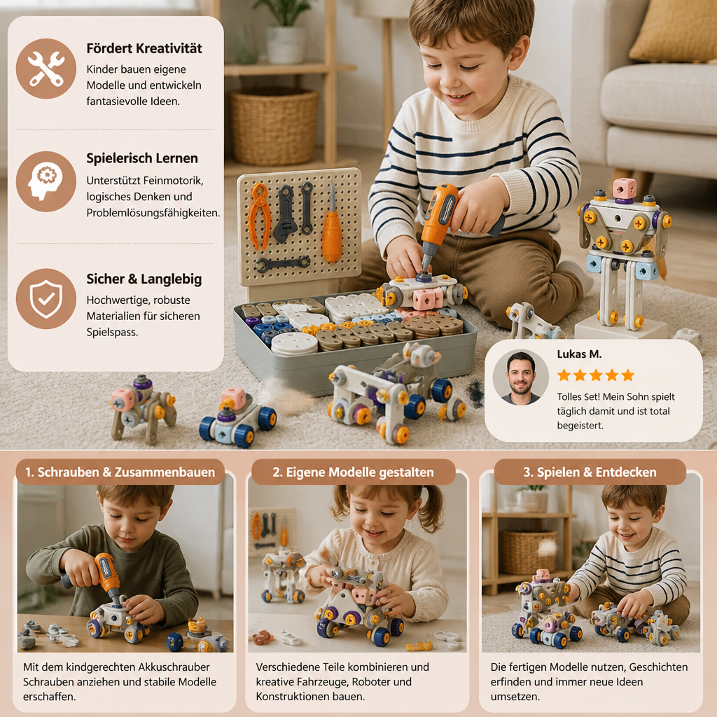 DIY-Werkzeugset für Kinder mit elektrischem Bohrer – MINT-Bauset