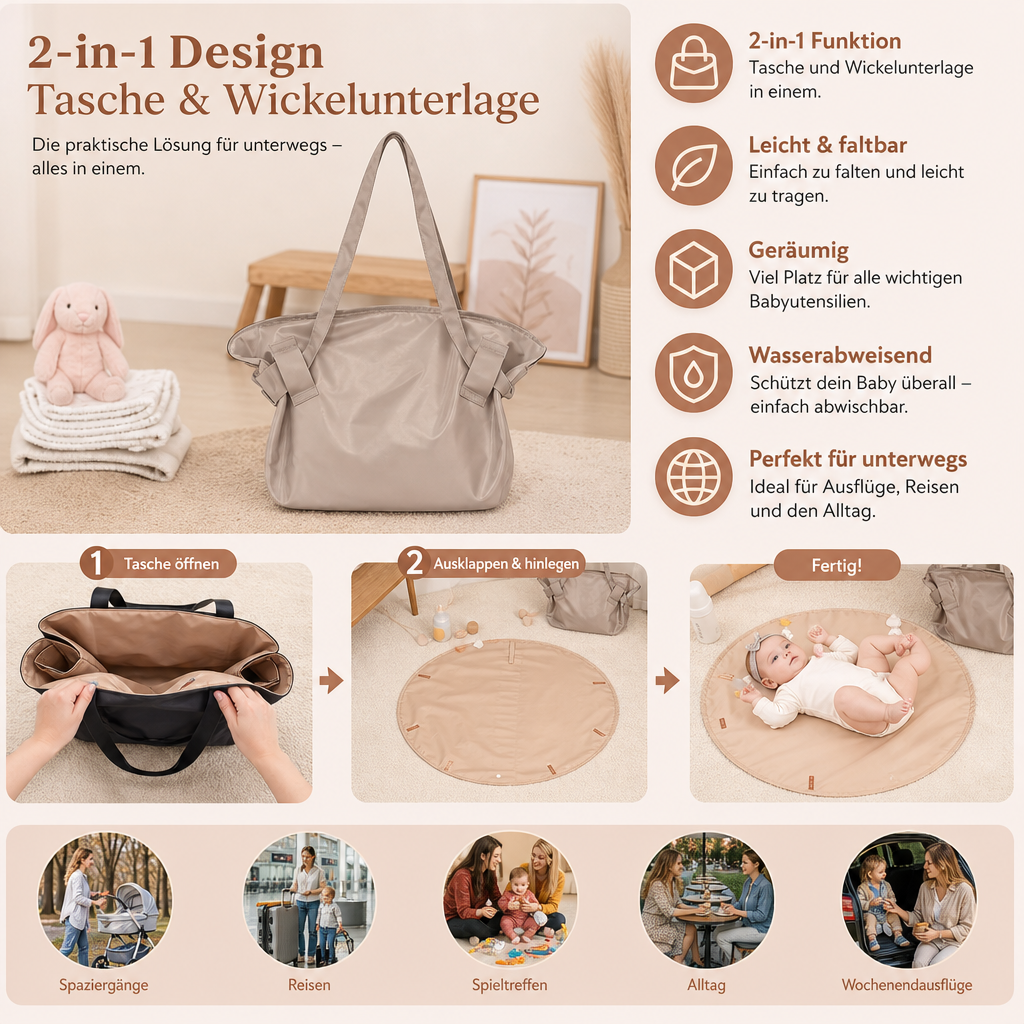 2-in-1 Faltbare Wickeltasche & Wickelunterlage – Leichte, geräumige Reisetasche für Mütter