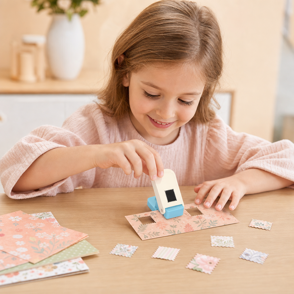 DIY-Papierstanzer im Briefmarken-Design für Kinderbasteleien