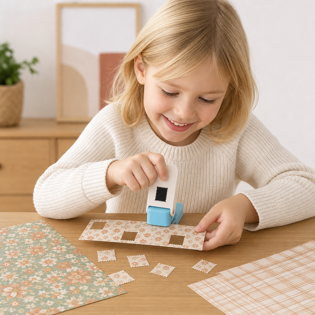 DIY-Papierstanzer im Briefmarken-Design für Kinderbasteleien