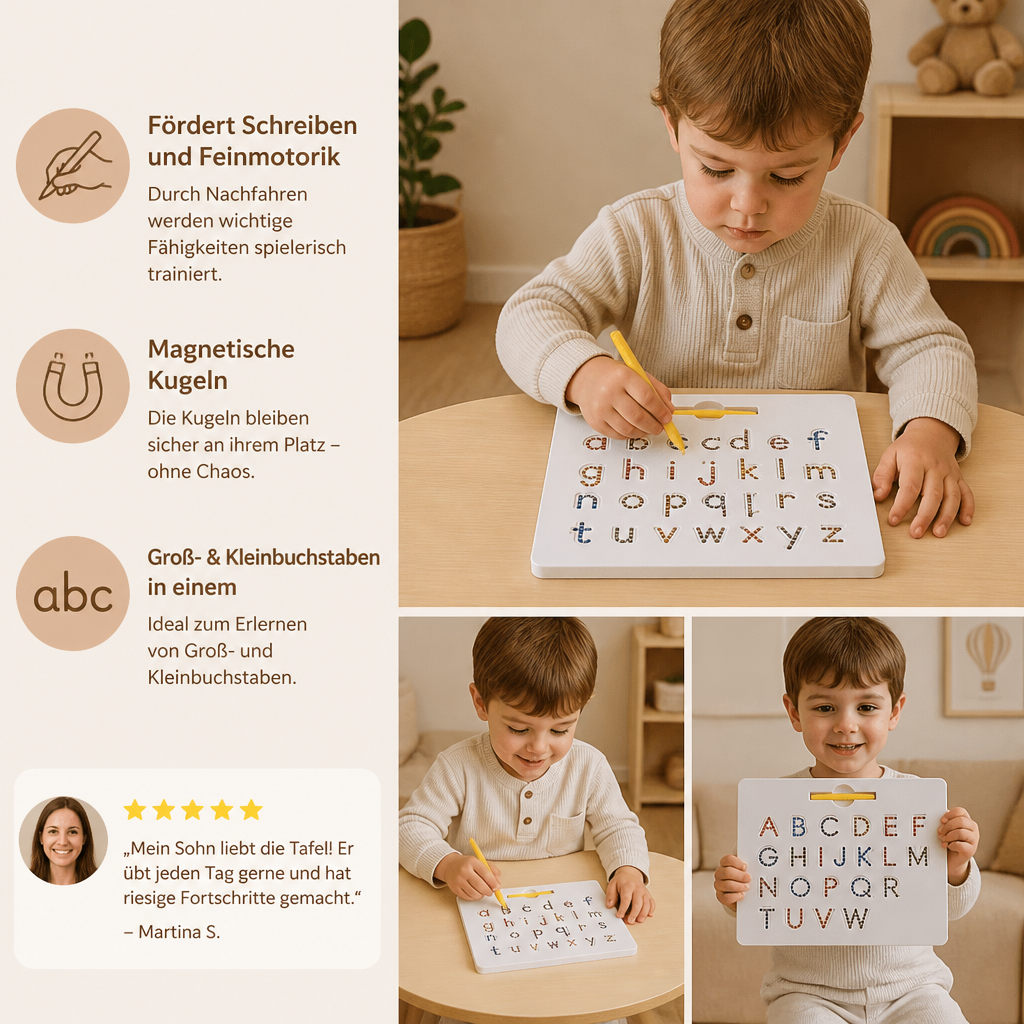 2-in-1 Magnetische Buchstaben-Nachfahrtafel zum Üben von Groß- & Kleinbuchstaben