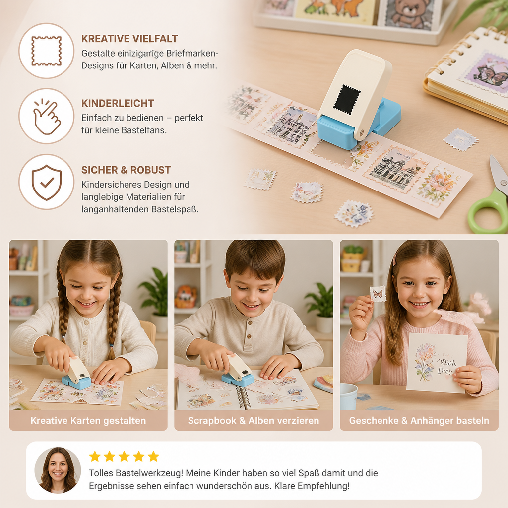DIY-Papierstanzer im Briefmarken-Design für Kinderbasteleien