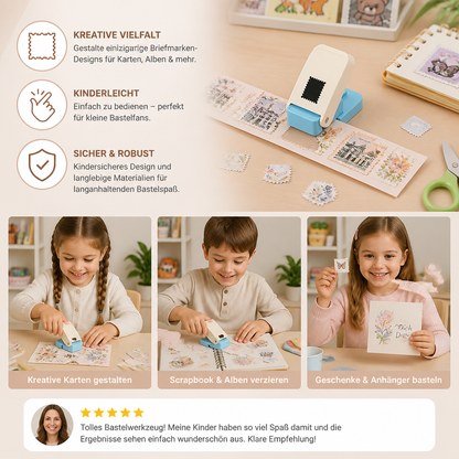 DIY-Papierstanzer im Briefmarken-Design für Kinderbasteleien