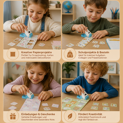 DIY-Papierstanzer im Briefmarken-Design für Kinderbasteleien
