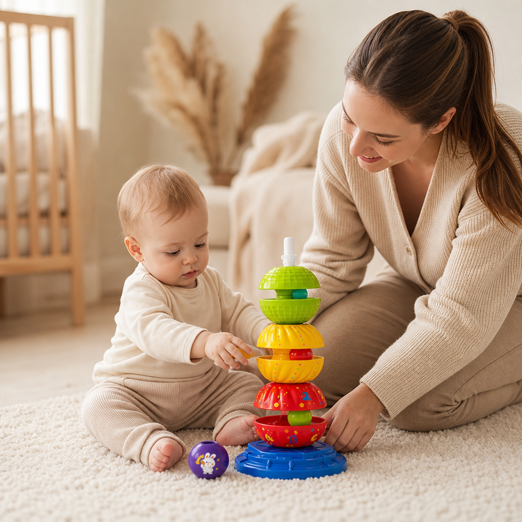 2-in-1 interaktiver drehbarer Stapel- & Ballfallturm mit Rassel für Kinder