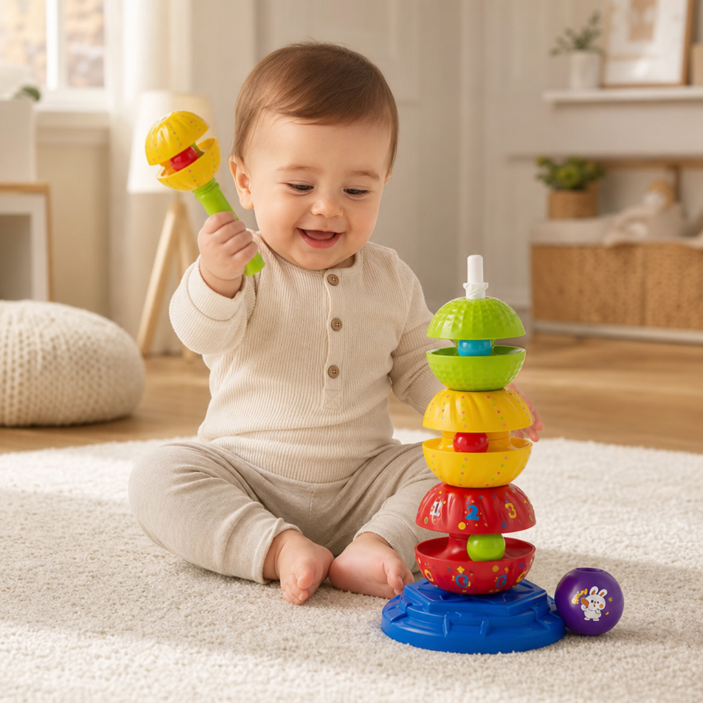 2-in-1 interaktiver drehbarer Stapel- & Ballfallturm mit Rassel für Kinder