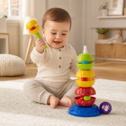 2-in-1 interaktiver drehbarer Stapel- & Ballfallturm mit Rassel für Kinder