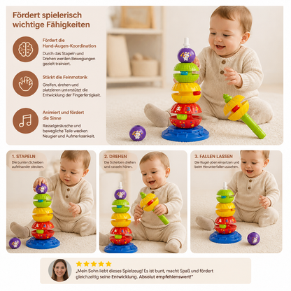 2-in-1 interaktiver drehbarer Stapel- & Ballfallturm mit Rassel für Kinder