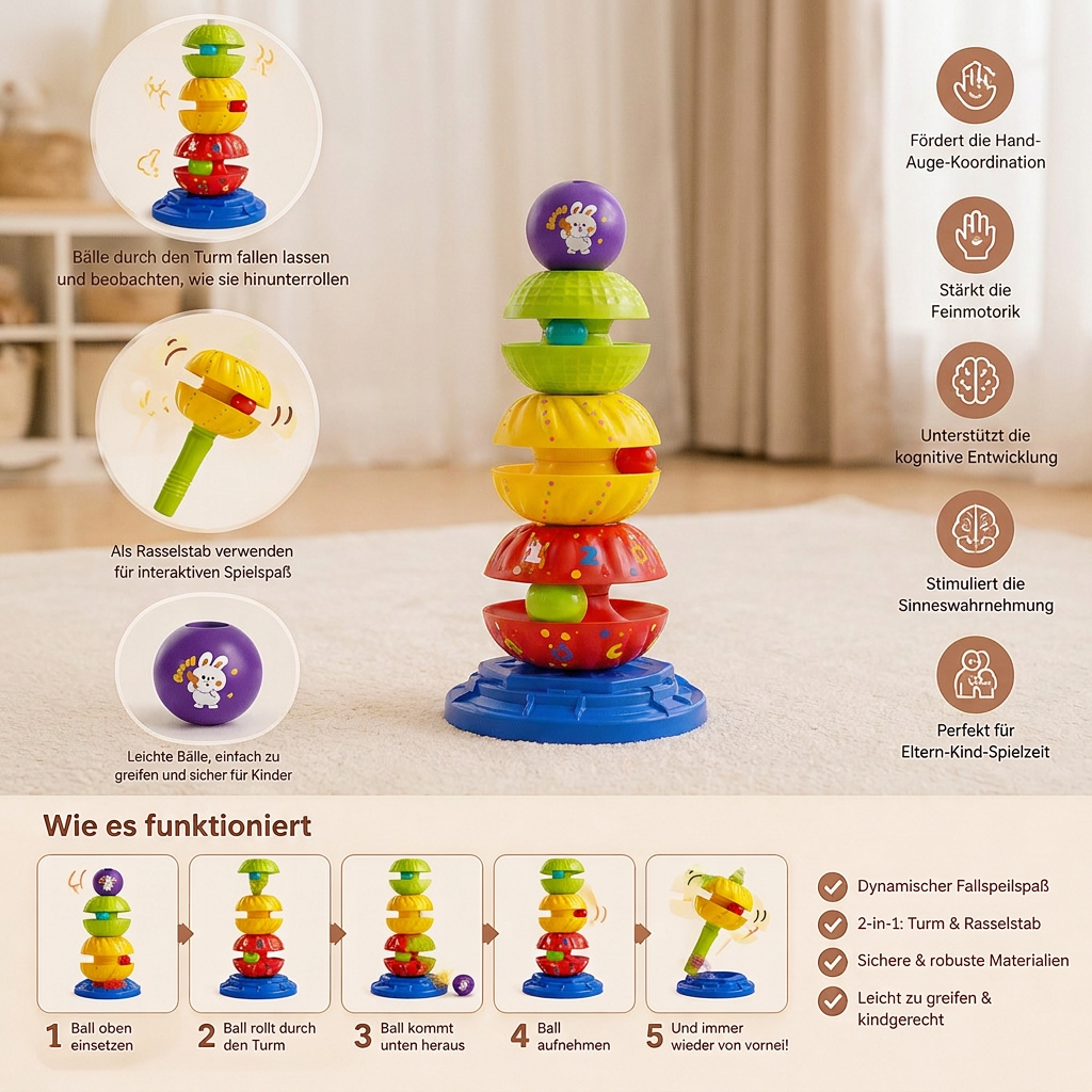 2-in-1 interaktiver drehbarer Stapel- & Ballfallturm mit Rassel für Kinder