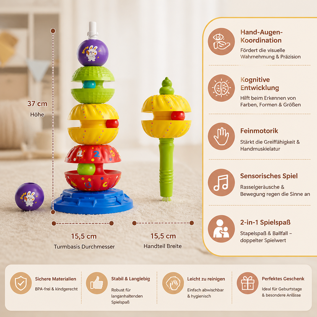 2-in-1 interaktiver drehbarer Stapel- & Ballfallturm mit Rassel für Kinder