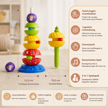 2-in-1 interaktiver drehbarer Stapel- & Ballfallturm mit Rassel für Kinder