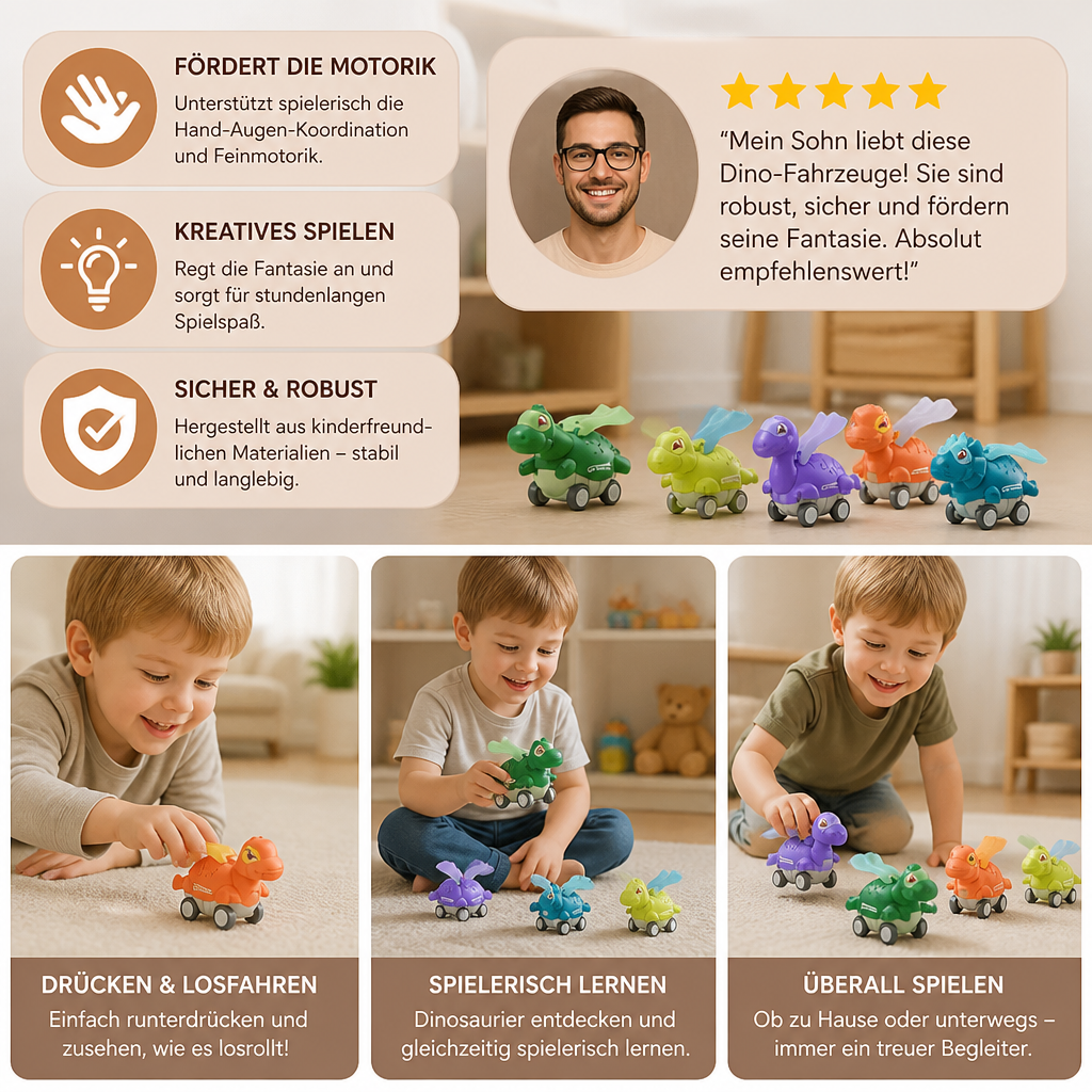 Press-&-Go-Dinoautos – Rollende Dinosaurier-Spielzeugautos für Kinder