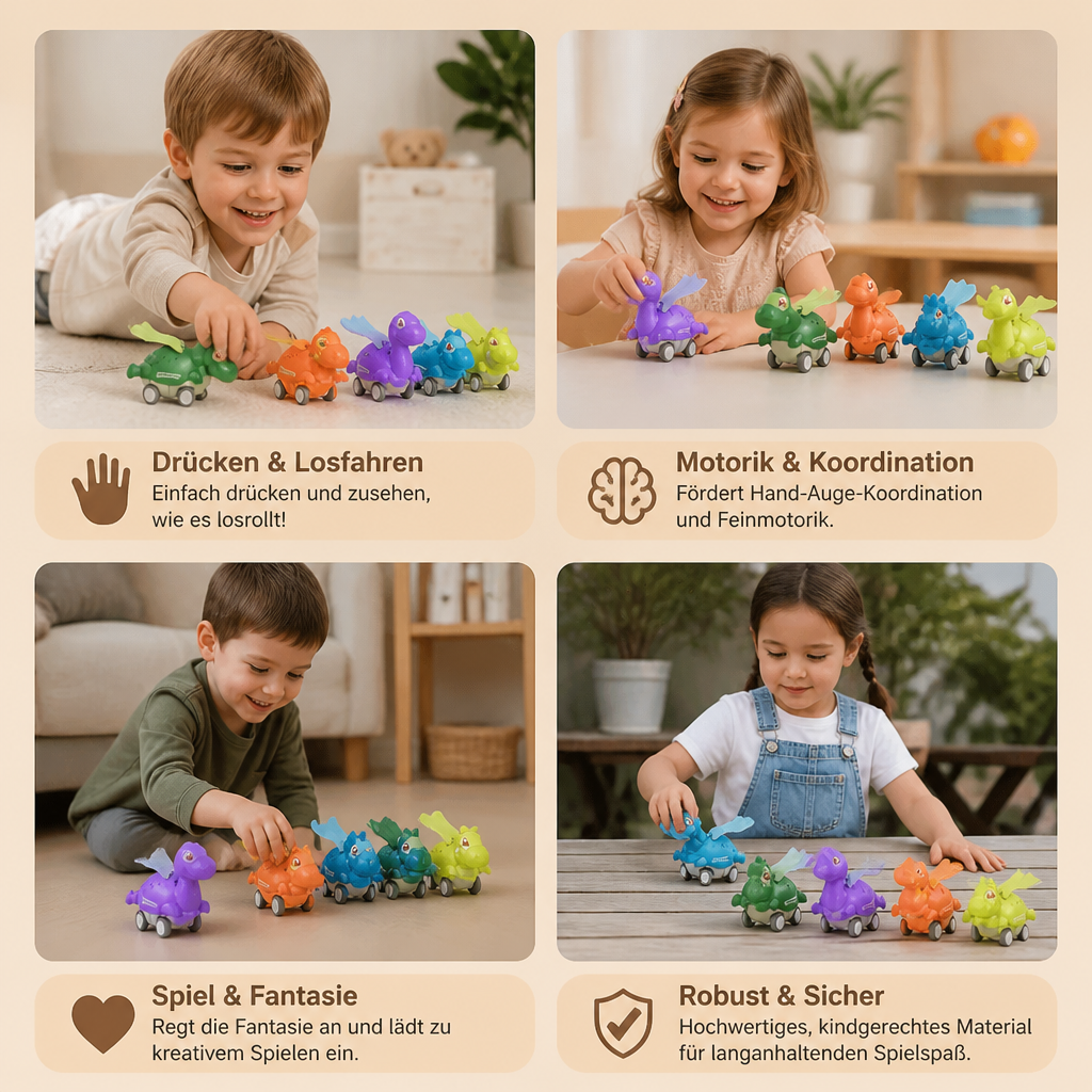 Press-&-Go-Dinoautos – Rollende Dinosaurier-Spielzeugautos für Kinder