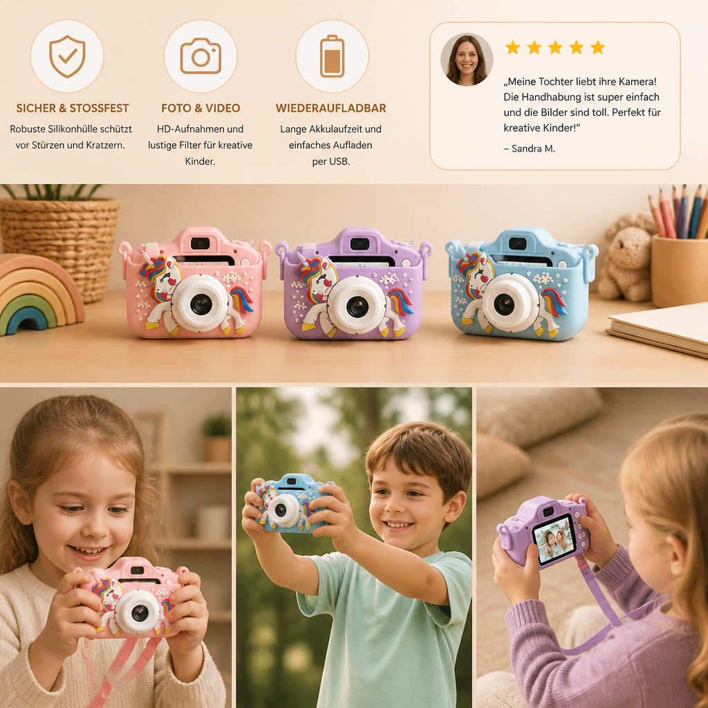 Wiederaufladbare Digitalkamera für Kinder mit Selfie-Modus, HD-Video & Silikonhülle