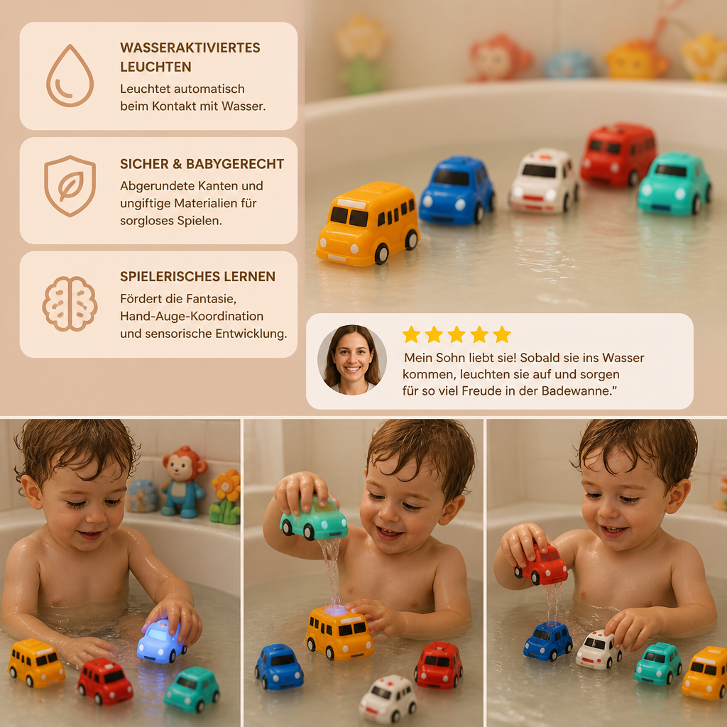 Leuchtendes Badewannen-Auto-Set – Wasseraktiviertes Badespielzeug für Babys