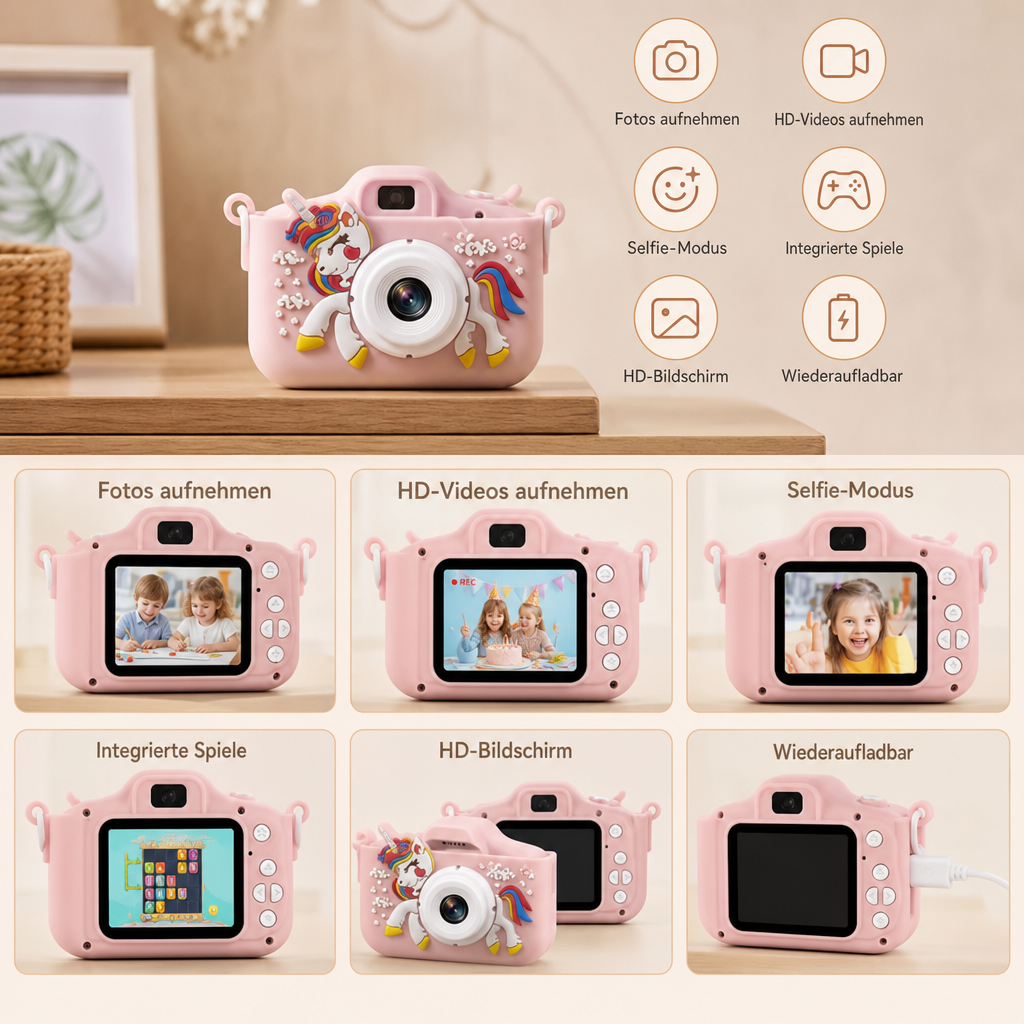 Wiederaufladbare Digitalkamera für Kinder mit Selfie-Modus, HD-Video & Silikonhülle
