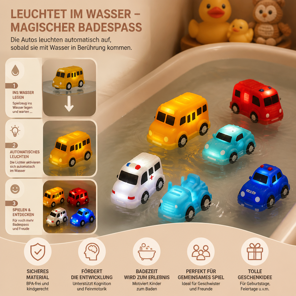 Leuchtendes Badewannen-Auto-Set – Wasseraktiviertes Badespielzeug für Babys