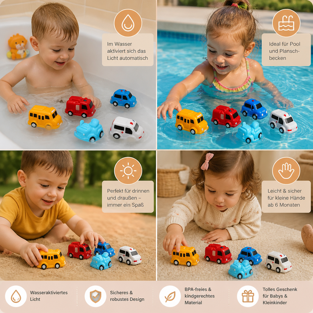 Leuchtendes Badewannen-Auto-Set – Wasseraktiviertes Badespielzeug für Babys