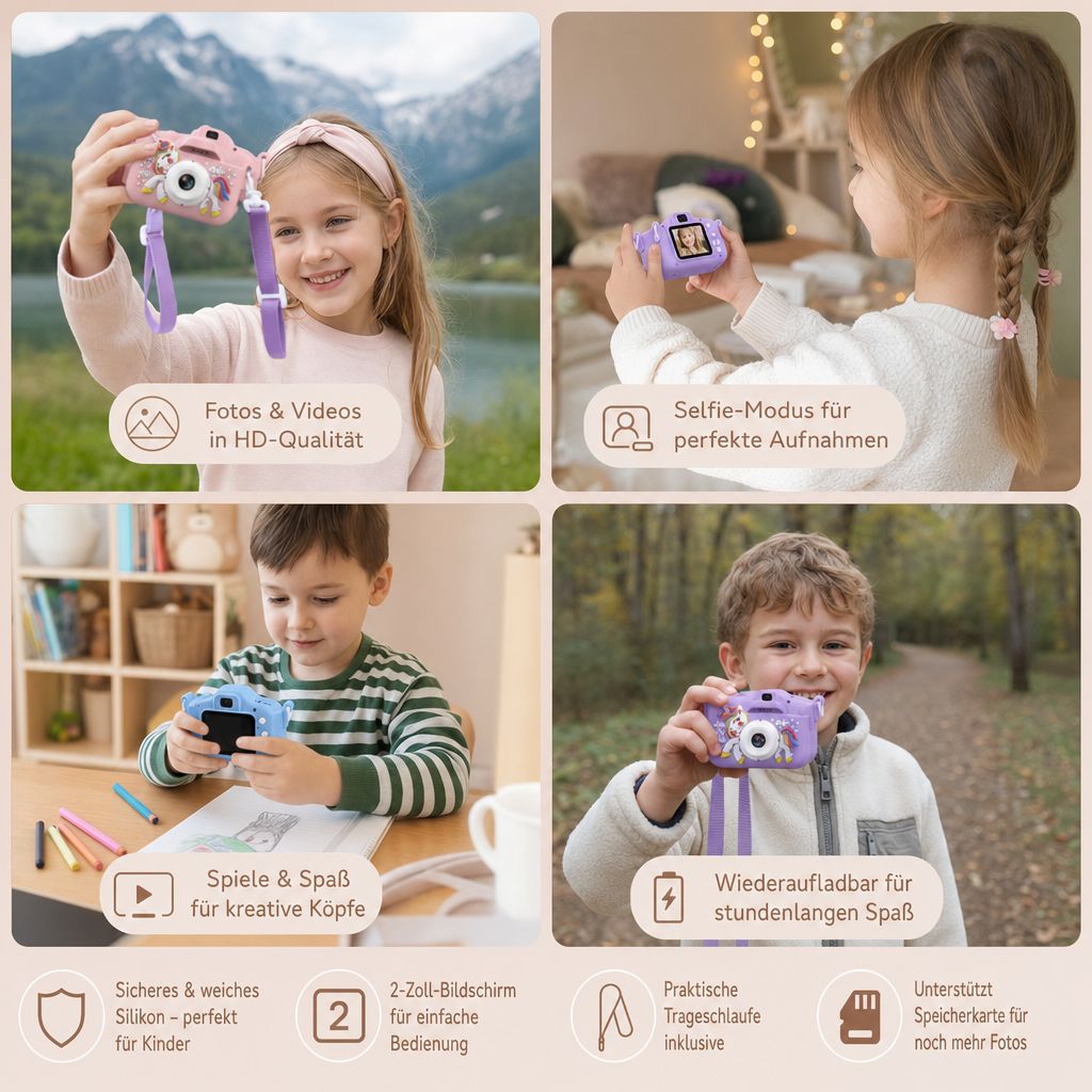 Wiederaufladbare Digitalkamera für Kinder mit Selfie-Modus, HD-Video & Silikonhülle