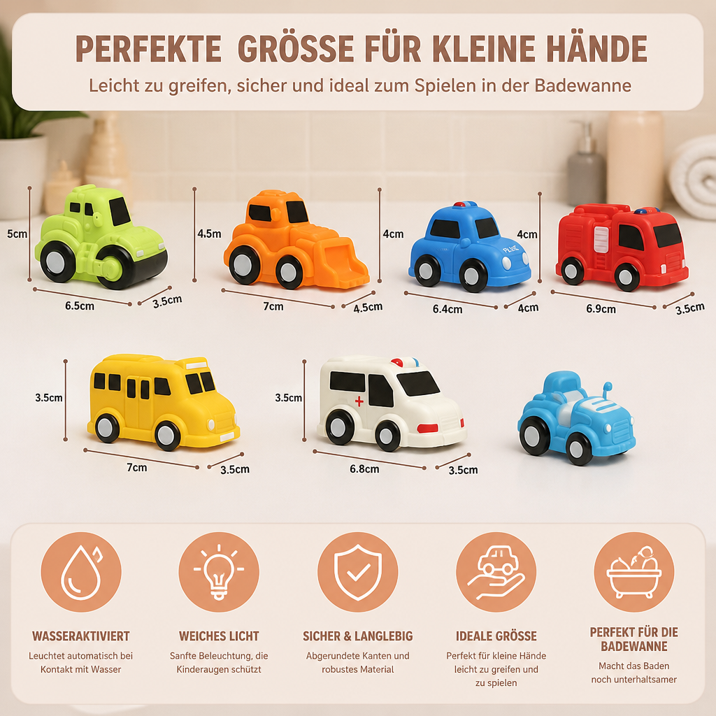 Leuchtendes Badewannen-Auto-Set – Wasseraktiviertes Badespielzeug für Babys