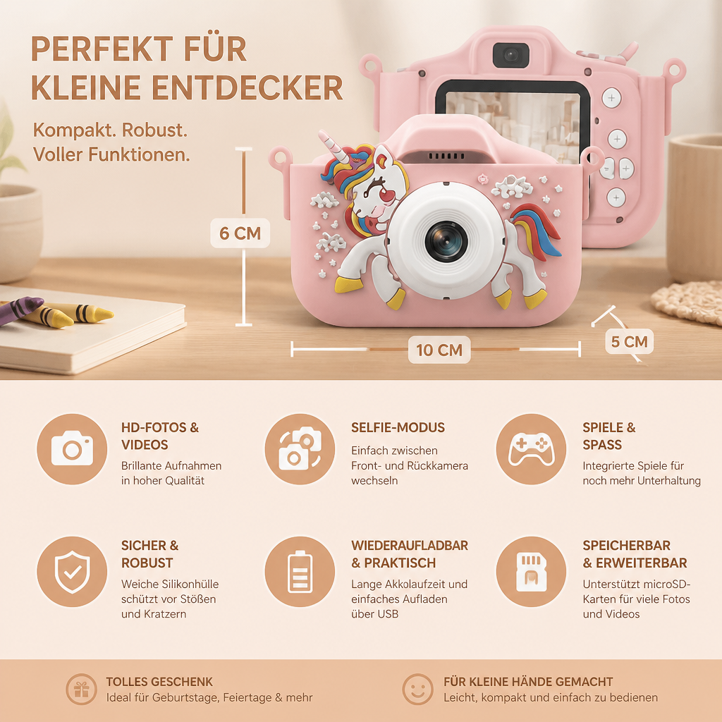 Wiederaufladbare Digitalkamera für Kinder mit Selfie-Modus, HD-Video & Silikonhülle