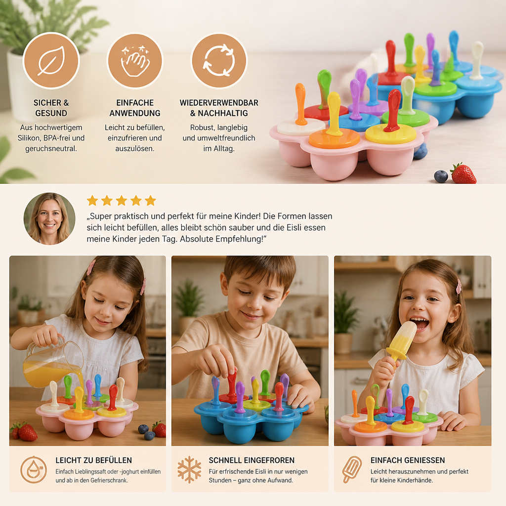 7-teiliges Silikon-Eisformen-Set – Wiederverwendbare Eisformen für Kinder