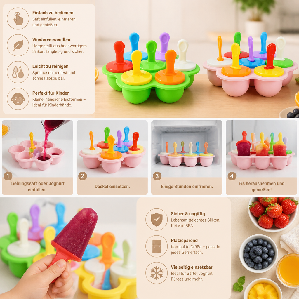 7-teiliges Silikon-Eisformen-Set – Wiederverwendbare Eisformen für Kinder