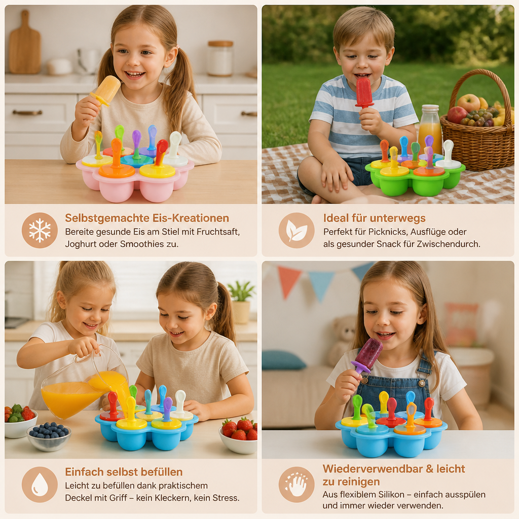7-teiliges Silikon-Eisformen-Set – Wiederverwendbare Eisformen für Kinder