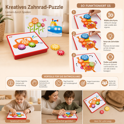 Kreative Zahnrad-Puzzle-Reisebox mit Aktivitätskarten für Kinder