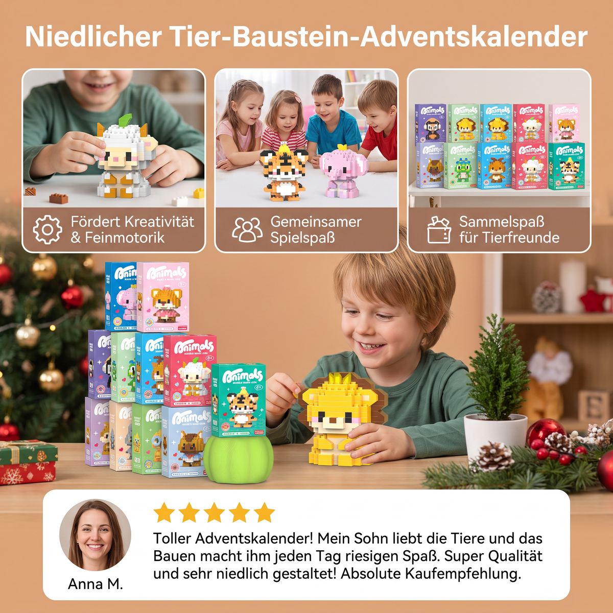Niedlicher Tier-Baustein-Adventskalender für Kinder
