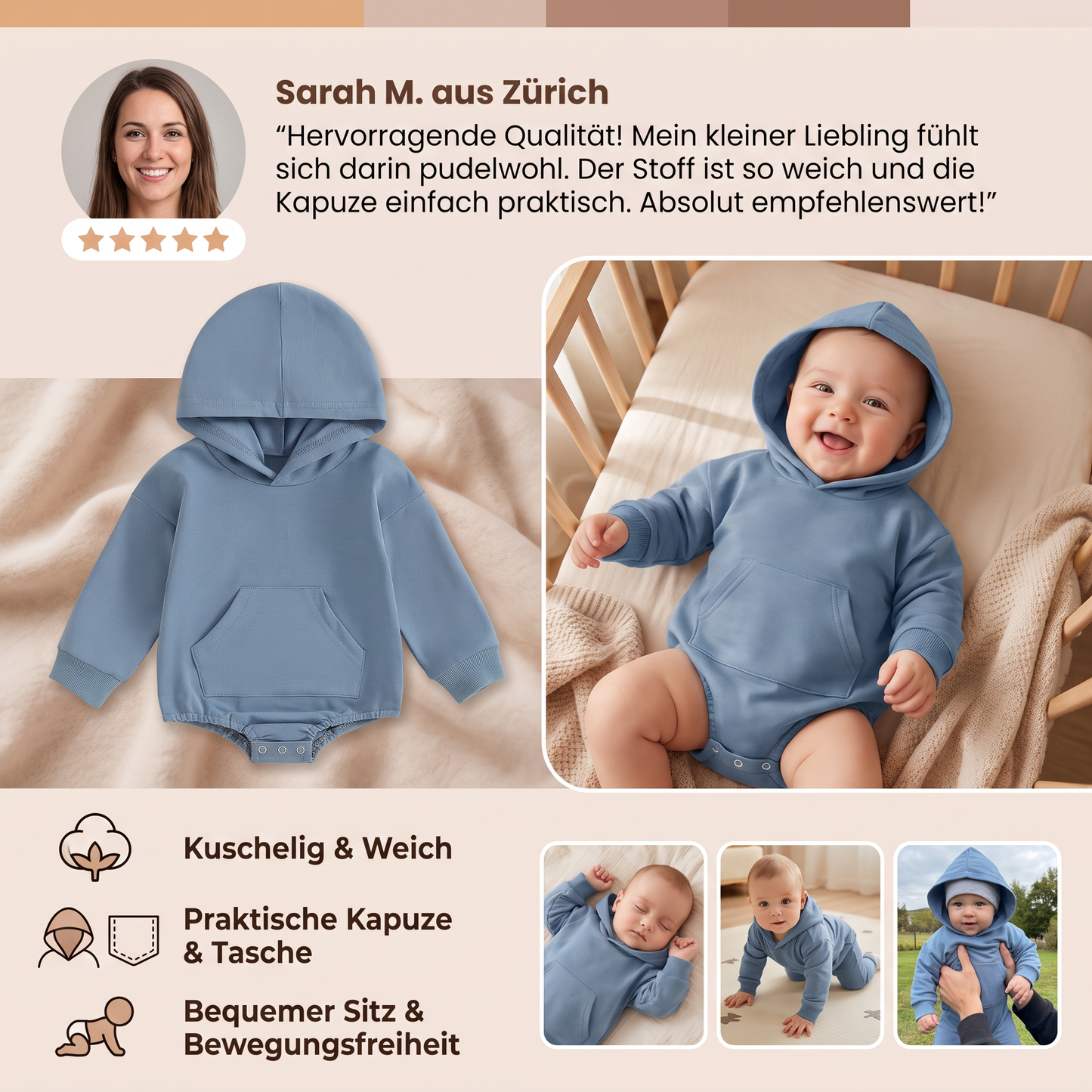 Baby-Strampler mit Kapuze – Weicher Langarm-Einteiler mit Fronttasche