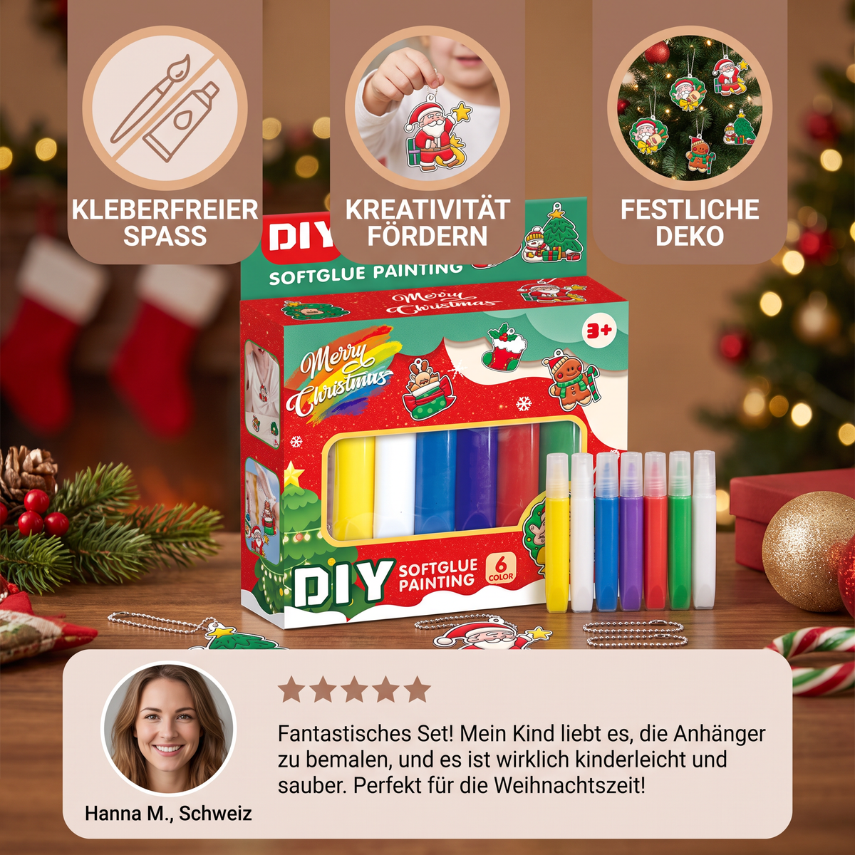DIY-Weihnachtsanhänger-Bastelset mit kleberfreier Maltechnik für Kinder