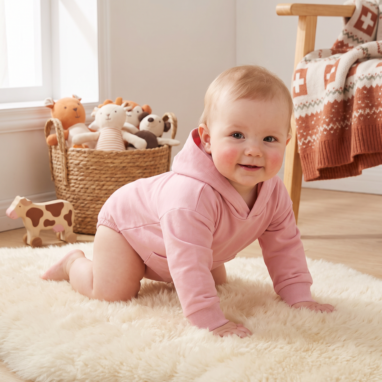 Baby-Strampler mit Kapuze – Weicher Langarm-Einteiler mit Fronttasche