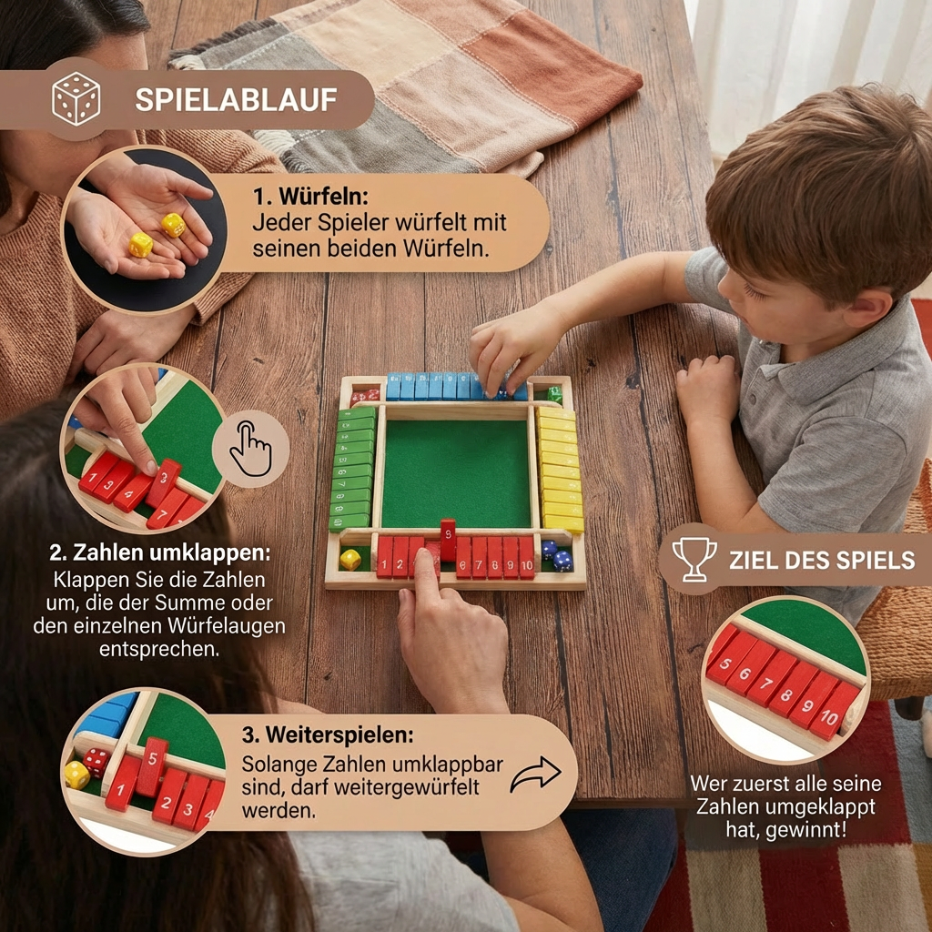 ShutTheBox Familien Klappenspiel 4 Spieler Set