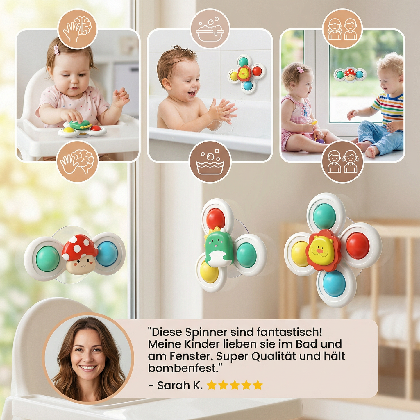 Niedliches Saugnapf Drehspielzeug für Babys 3er Set