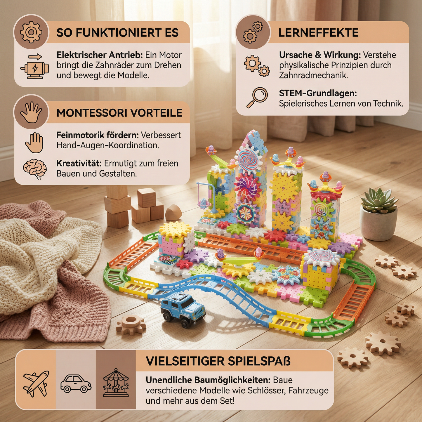 Rotierendes Montessori Zahnrad-Baustein Spielzeug
