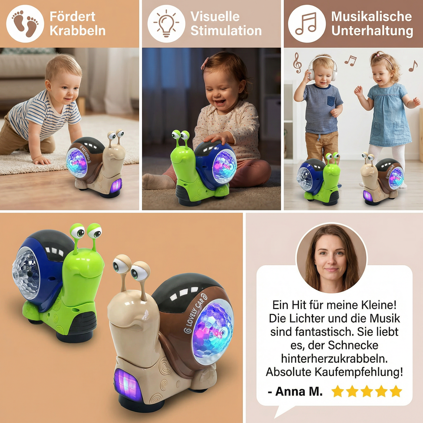 Leuchtende und Musik Spielende Schnecke Krabbelspielzeug