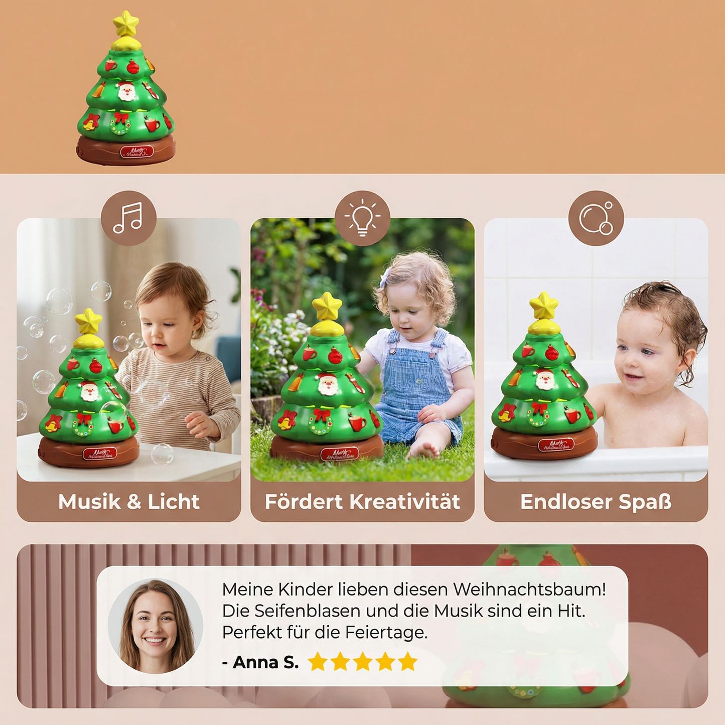 Musik Seifenblasen Weihnachtsbaum mit Sticker zum Dekorieren