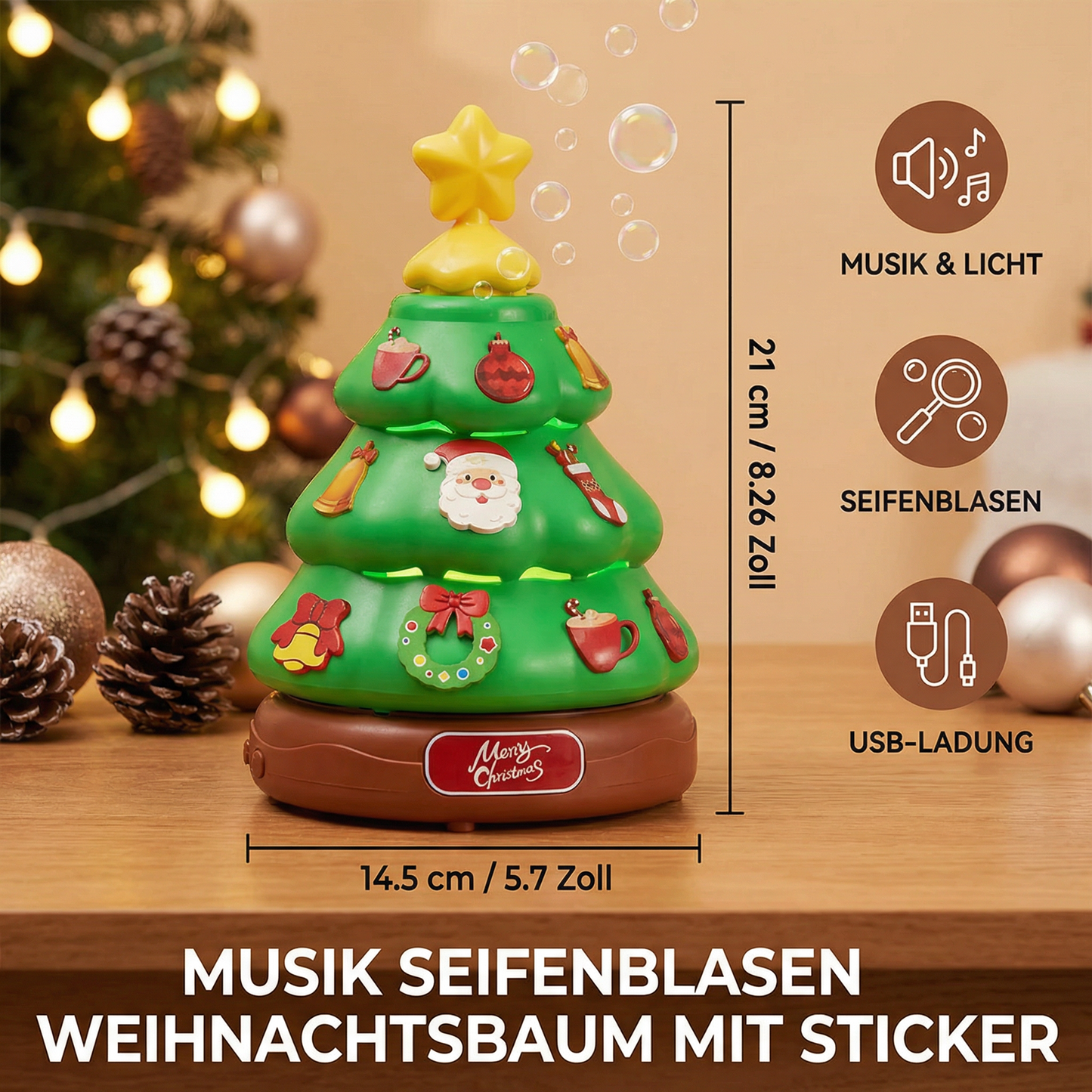 Musik Seifenblasen Weihnachtsbaum mit Sticker zum Dekorieren