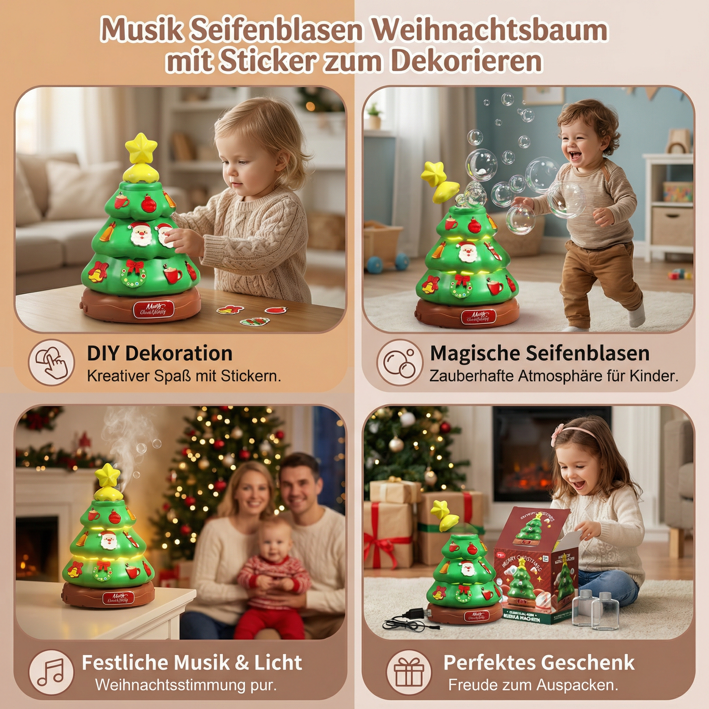 Musik Seifenblasen Weihnachtsbaum mit Sticker zum Dekorieren