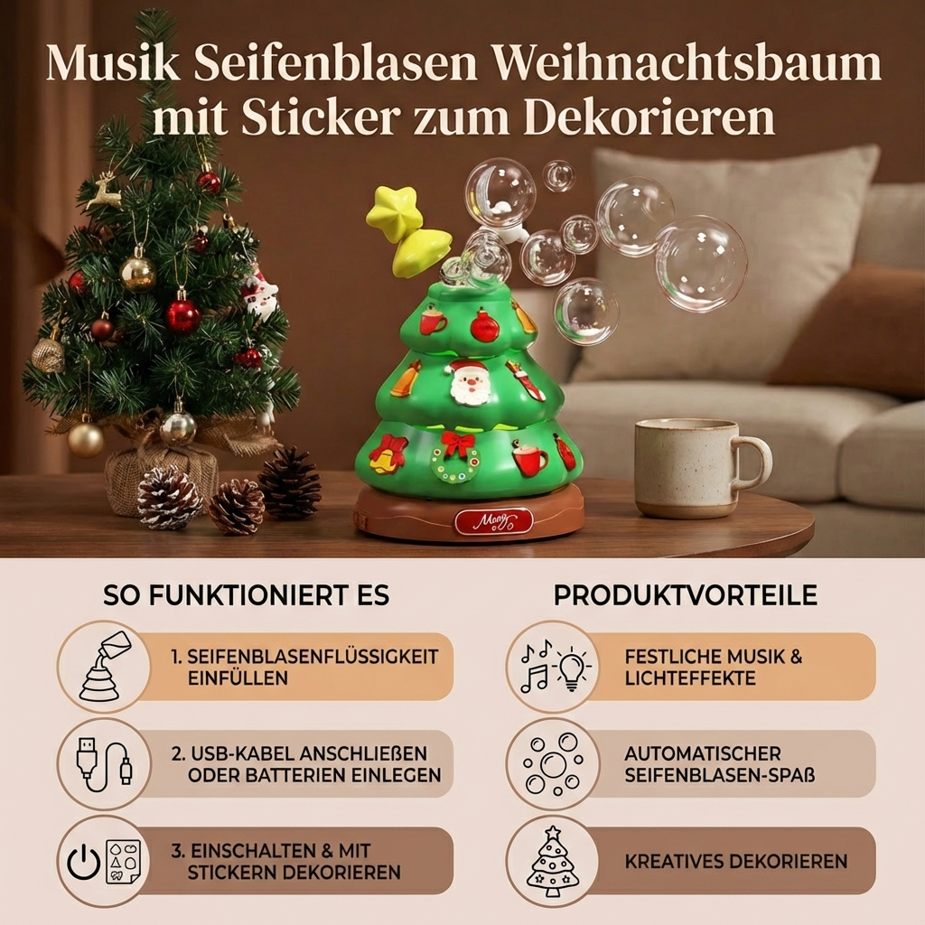 Musik Seifenblasen Weihnachtsbaum mit Sticker zum Dekorieren