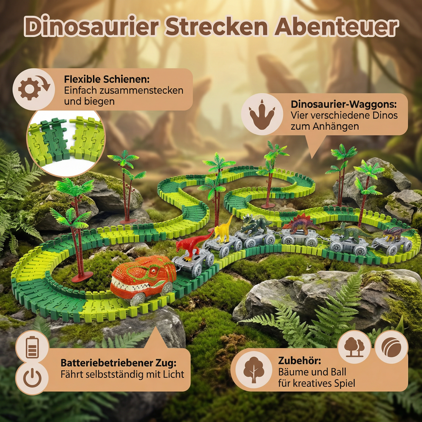 Dinosaurier Strecken Abenteuer – Flexible Rennbahn mit leuchtendem Zug