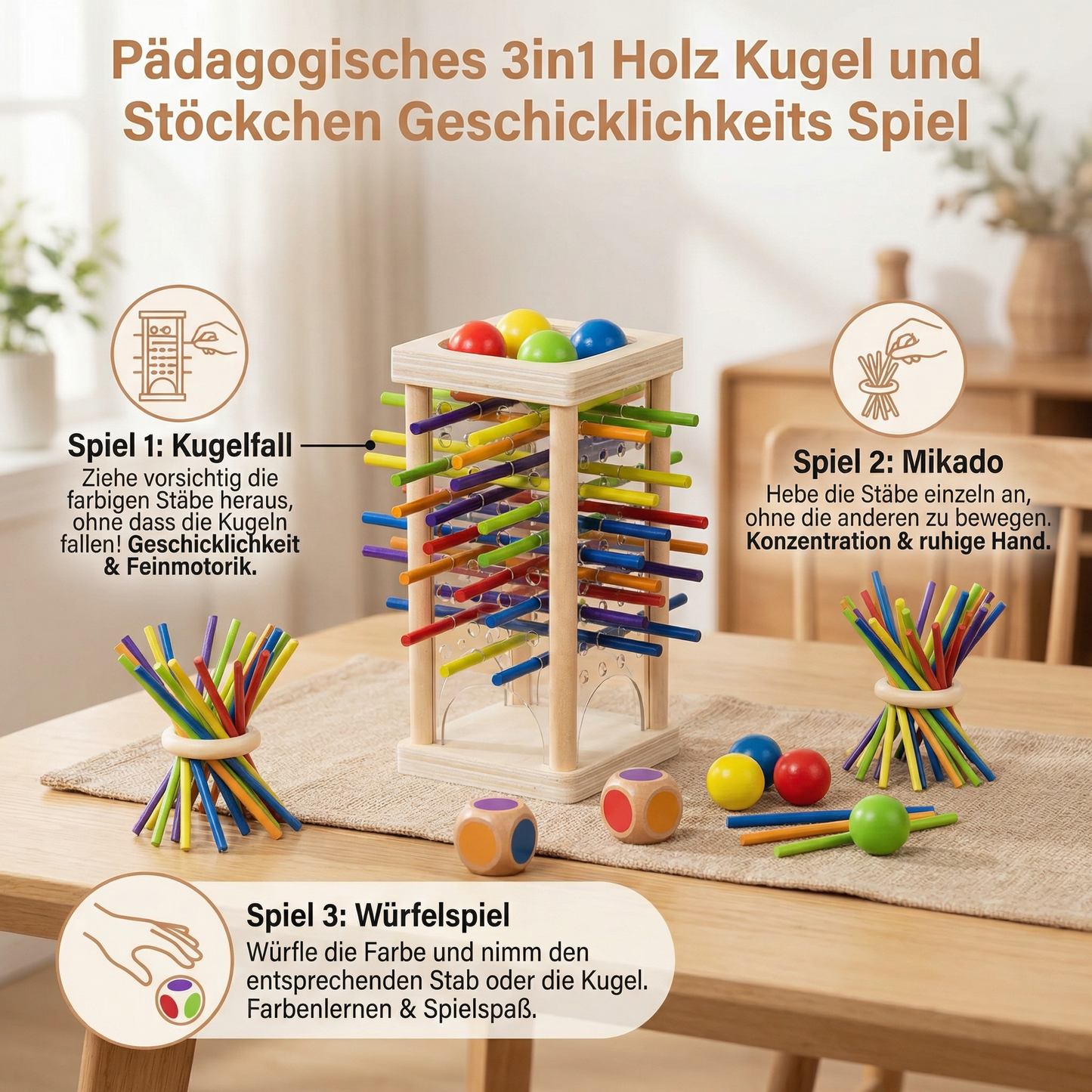 Pädagogisches 3in1 Holz Kugel und Stöckchen Geschicklichkeits Spiel