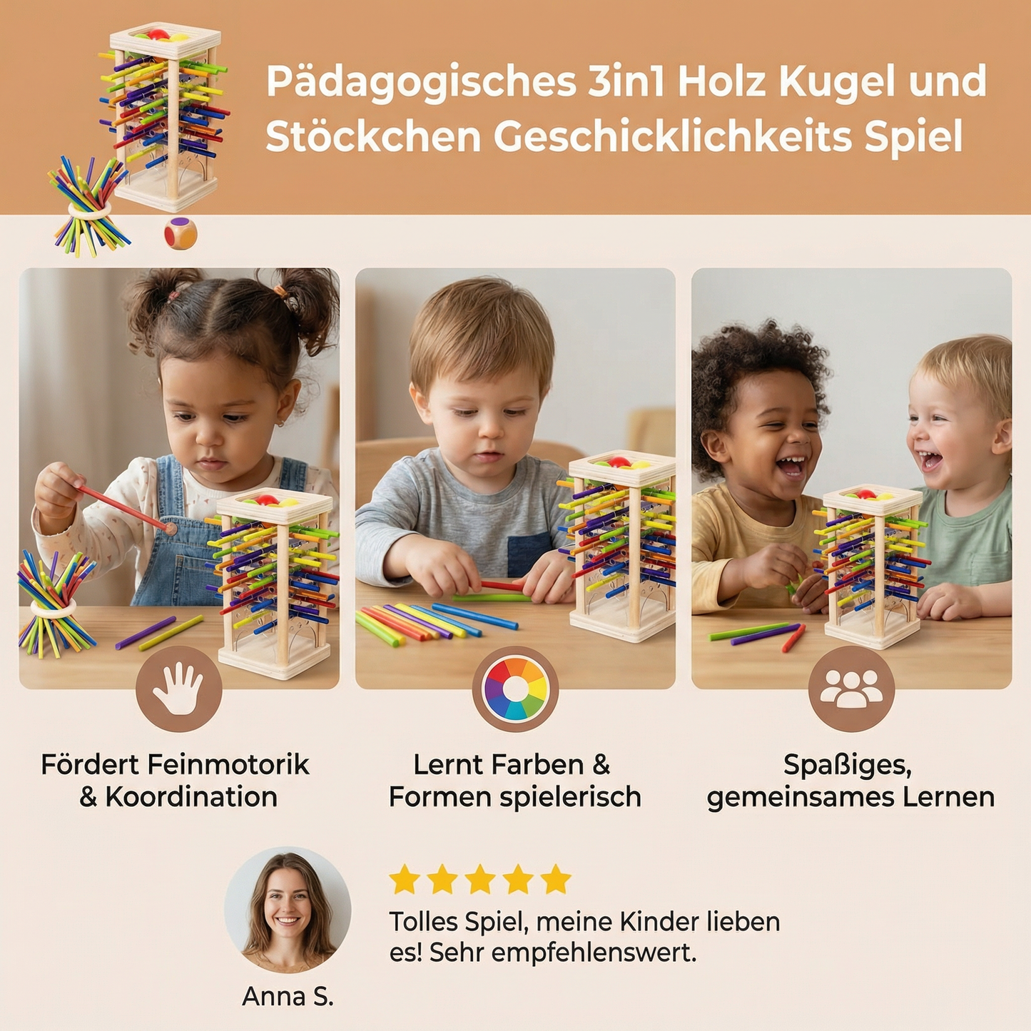 Pädagogisches 3in1 Holz Kugel und Stöckchen Geschicklichkeits Spiel